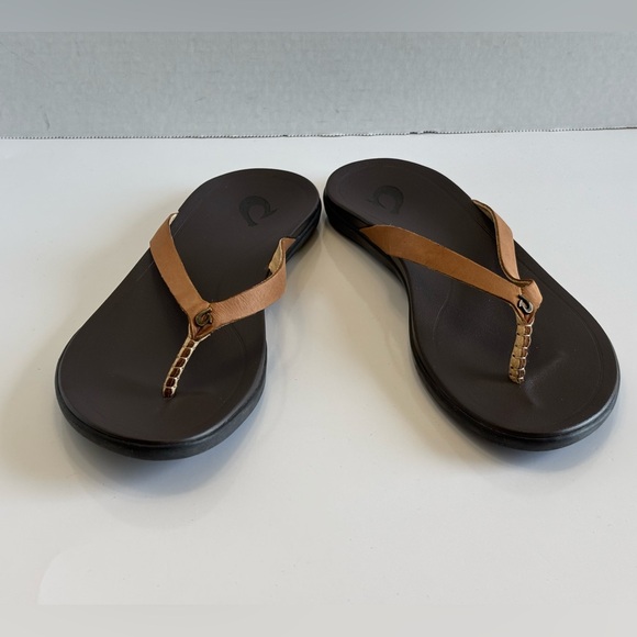 Olukai Ho'opio Flip Flops Women's 6/36 Brown Leather Thong Sandals Slip On Flats - Picture 11 of 15